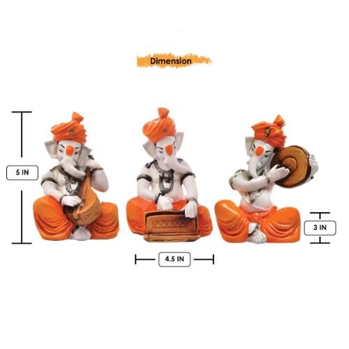 Stylish Distinctive Design Three Lord Ganesha Playing Instruments Figurine Orange Best Item For Home Home Decor Artful Decor Piece 4 Unique Design Three Lord Ganesha Playing Instruments Idol Orange Best Item for Home Decor - Karigaari India Aesthetic Home Decor