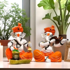 Unique Little Two Lord Ganesha Playing Instruments Idol Orange Best for Home Decor - Karigaari India Aesthetic Home Decor