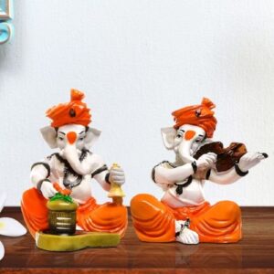 Unique Little Two Lord Ganesha Playing Instruments Idol Orange Best for Home Decor - Karigaari India Aesthetic Home Decor