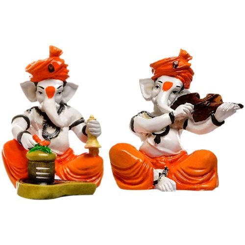 Stylish Distinctive Little Two Lord Ganesha Playing Instruments Figurine Orange Best For Home Decoration 3 Unique Little Two Lord Ganesha Playing Instruments Idol Orange Best for Home Decor - Karigaari India Aesthetic Home Decor