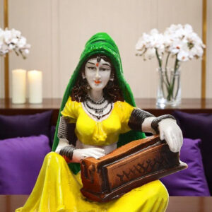 Enchanting Melody Figurine: Hand-Painted Resin Rajasthani Woman with Instrument - Karigaari India Aesthetic Home Decor