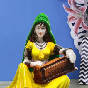 Enchanting Melody Figurine: Hand-Painted Resin Rajasthani Woman with Instrument - Karigaari India Aesthetic Home Decor
