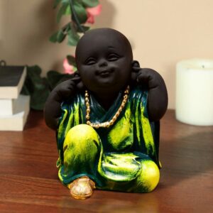Handcrafted Ployresin Green Colour Sitting And Putting Fingers In Ears Lord Buddha Statue Showpiece Home Decor/Office Decor/Spiritual Gift - Karigaari India Aesthetic Home Decor