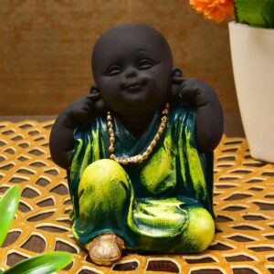 Handcrafted Ployresin Green Colour Sitting And Putting Fingers In Ears Lord Buddha Statue Showpiece Home Decor/Office Decor/Spiritual Gift - Karigaari India Aesthetic Home Decor