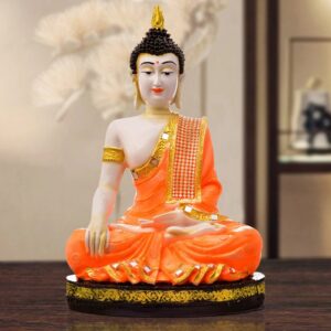 Handcrafted Ployresin Lord Buddha Meditating Statue Sitting On Golden Colour Table Showpiece Home Decor/Office Decor/Spiritual Gift, Orange Colour - Karigaari India Aesthetic Home Decor