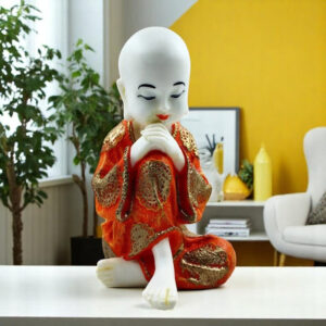 Handcrafted Ployresin Lord Buddha Sitting And Sleeping Statue Showpiece Home Decor/Office Decor/Spiritual Gift, White And Orange - Karigaari India Aesthetic Home Decor