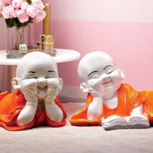 Handcrafted Ployresin Lord Buddha Sleeping Laughing Statue Two Pieces  Showpiece Home Decor/Office Decor/Spiritual Gift, Orange Colour - Karigaari India Aesthetic Home Decor