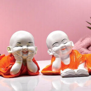 Handcrafted Ployresin Lord Buddha Sleeping Laughing Statue Two Pieces  Showpiece Home Decor/Office Decor/Spiritual Gift, Orange Colour - Karigaari India Aesthetic Home Decor