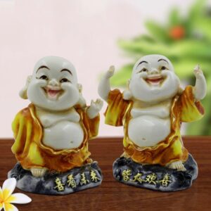 Handcrafted Ployresin Lord Buddha Two Standing Laughing Statues Showpiece Home Decor/Office Decor/Spiritual Gift, Yellow - Karigaari India Aesthetic Home Decor
