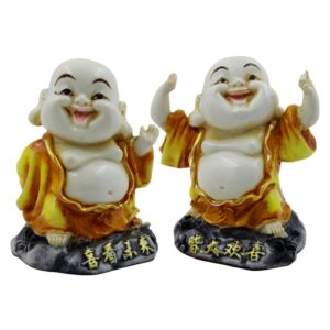 Handcrafted Ployresin Lord Buddha Two Standing Laughing Statues Showpiece Home Decor/Office Decor/Spiritual Gift, Yellow - Karigaari India Aesthetic Home Decor