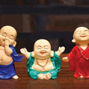 Handcrafted Ployresin Standing And Sitting, Smiling ,Happy Lord Buddha Statue Showpiece Home Decor/Office Decor/Spiritual Gift, Three Pieces, Blue Orange And Green Colour - Karigaari India Aesthetic Home Decor