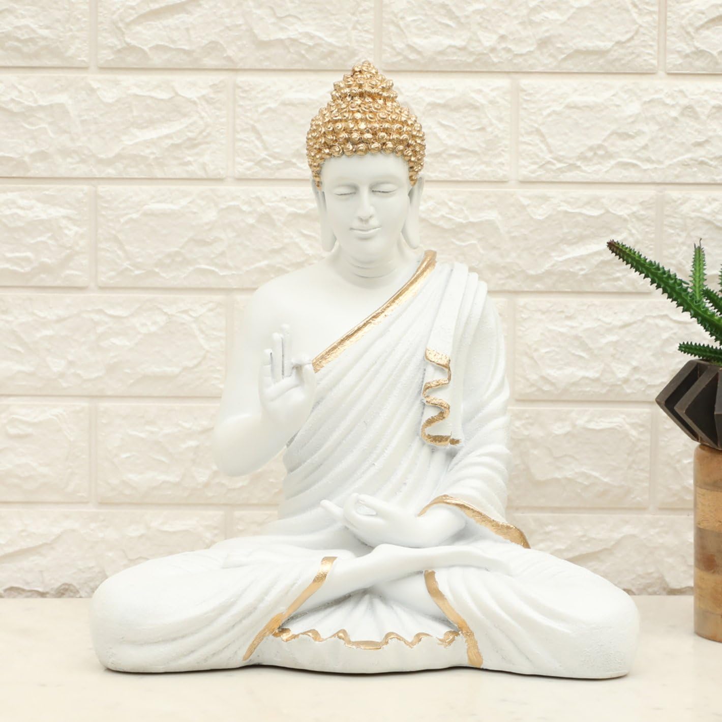 Stylish Pure White Meditating Buddha Golden Accent Resin Crafted Home Decor Home Decoration 1 Pure White Meditating Buddha Golden Accent Resin Decor - Karigaari India Aesthetic Home Decor