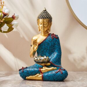 Resin Buddha Statue with Lotus in Hand Meditating Buddha Idol for Home Decor, Office & Gifting | Spiritual Showpiece for Peace & Prosperity - Karigaari India Aesthetic Home Decor