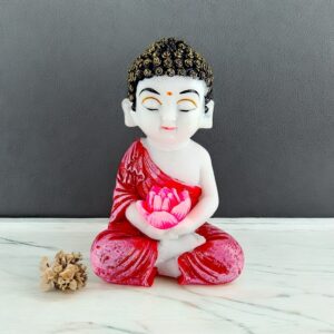 Resin Meditating Baby Buddha Idol with Lotus Flower | Peaceful Spiritual Figurine for Home Decor, Office, and Gifting | Red Buddha Statue for Positivity & Serenity - Karigaari India Aesthetic Home Decor
