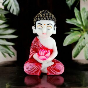 Resin Meditating Baby Buddha Idol with Lotus Flower | Peaceful Spiritual Figurine for Home Decor, Office, and Gifting | Red Buddha Statue for Positivity & Serenity - Karigaari India Aesthetic Home Decor