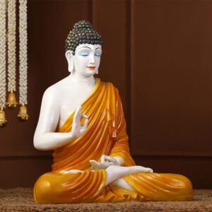 Serene Meditating Buddha Idol White & Orange Resin Decor - Karigaari India Aesthetic Home Decor