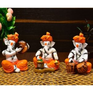 Three Little Lord Ganesha Idol Playing Instruments Orange Color Best & Unique Design for Home Decor - Karigaari India Aesthetic Home Decor
