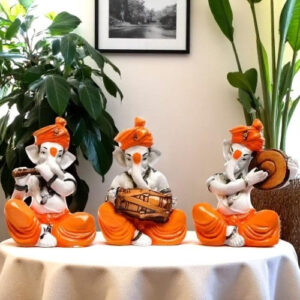 Three Small Lord Ganesha Idol Playing Instruments Best & Unique Design Orange Color for Home Decor - Karigaari India Aesthetic Home Decor