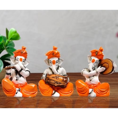 Three Small Lord Ganesha Idol Playing Instruments Best & Unique Design Orange Color for Home Decor - Karigaari India Aesthetic Home Decor