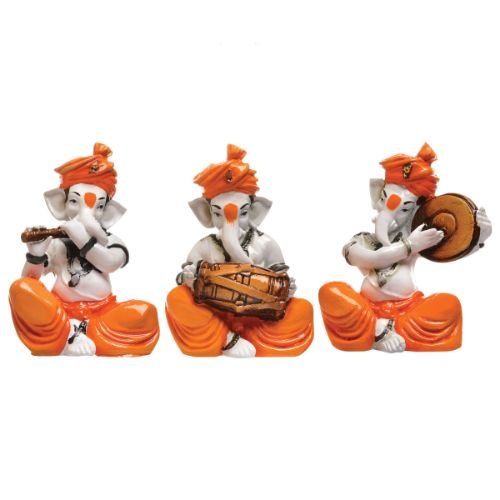 Three Small Lord Ganesha Idol Playing Instruments Best & Unique Design Orange Color for Home Decor - Karigaari India Aesthetic Home Decor