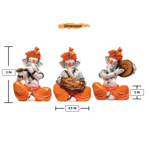 Three Small Lord Ganesha Idol Playing Instruments Best & Unique Design Orange Color for Home Decor - Karigaari India Aesthetic Home Decor