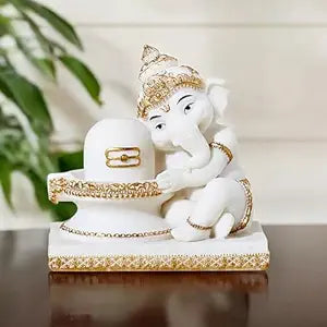 White Ganesha with Shiva Lingam Resin Idol - Karigaari India Aesthetic Home Decor