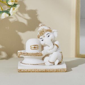 White Ganesha with Shiva Lingam Resin Idol - Karigaari India Aesthetic Home Decor