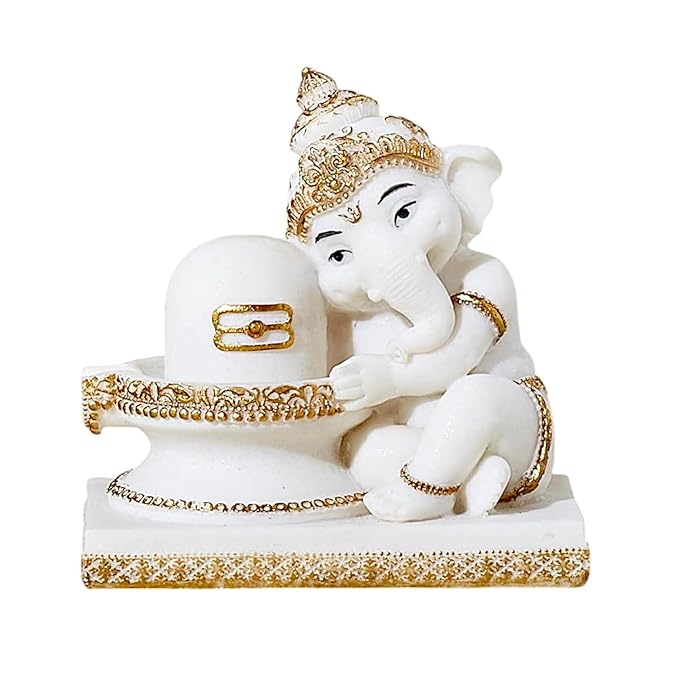 Stylish White Ganesha With Shiva Lingam Resin Crafted Figure Modern Ornament 3 White Ganesha with Shiva Lingam Resin Idol - Karigaari India Aesthetic Home Decor
