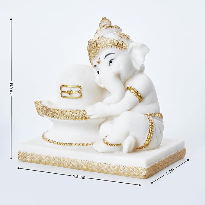 Stylish White Ganesha With Shiva Lingam Resin Crafted Figure Modern Ornament 5 White Ganesha with Shiva Lingam Resin Idol - Karigaari India Aesthetic Home Decor