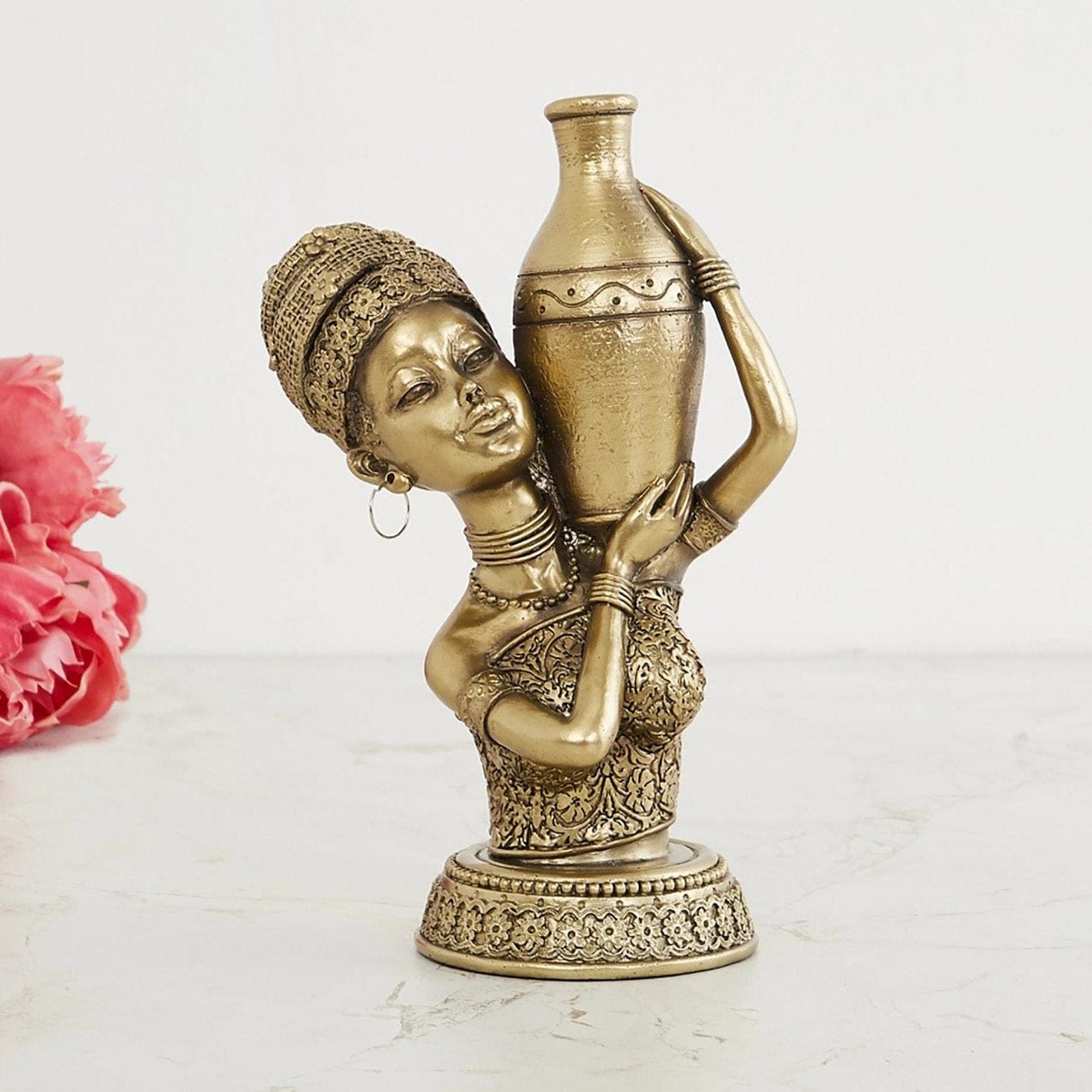 Antique Brass-Toned Tribal Folk Art Statue Resin Woman Carrying Water Pot on Head Home Decor, Ethnic Sculpture, Vintage Style Gifting - Karigaari India Aesthetic Home Decor
