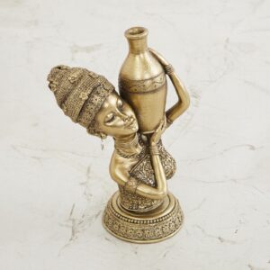 Antique Brass-Toned Tribal Folk Art Statue Resin Woman Carrying Water Pot on Head Home Decor, Ethnic Sculpture, Vintage Style Gifting - Karigaari India Aesthetic Home Decor