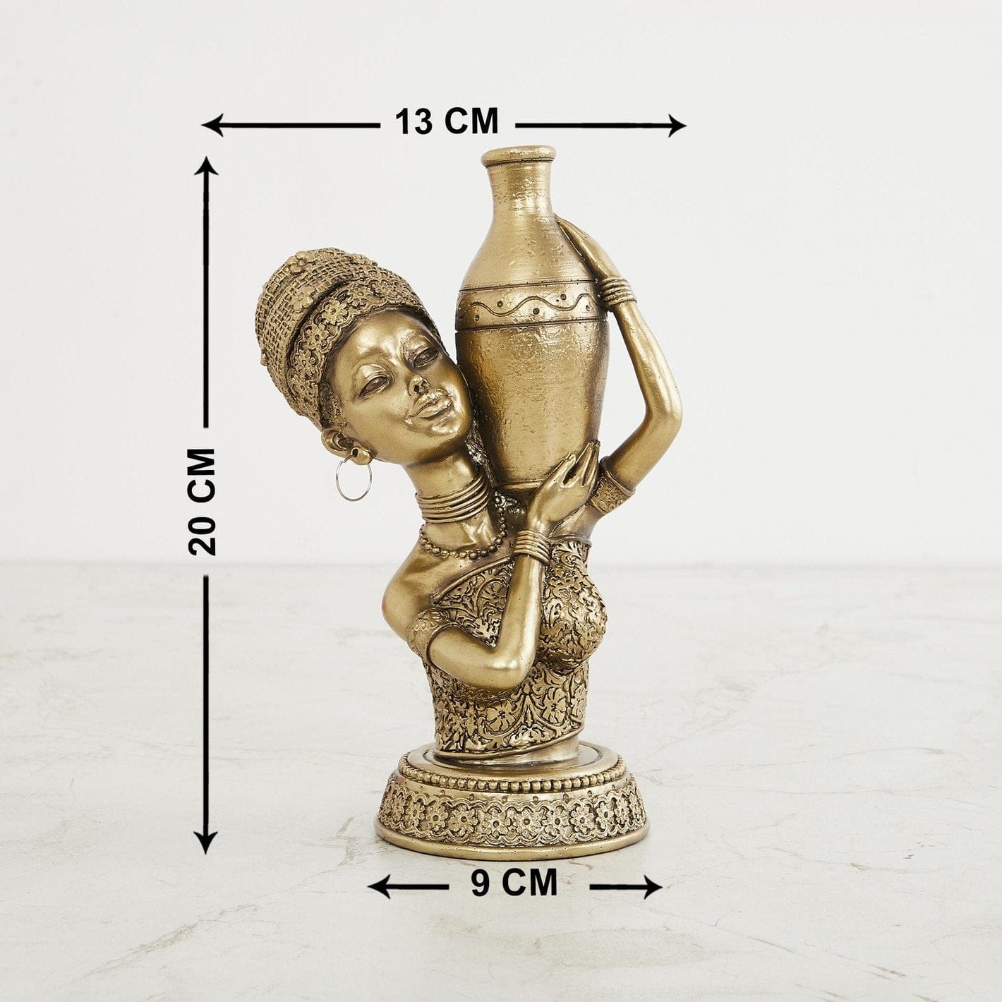 Antique Brass-Toned Tribal Folk Art Statue Resin Woman Carrying Water Pot on Head Home Decor, Ethnic Sculpture, Vintage Style Gifting - Karigaari India Aesthetic Home Decor