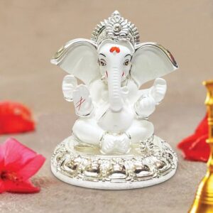 Antique White Ceramic Ganesha Idol for Car Dashboard I Gifting - Karigaari India Aesthetic Home Decor