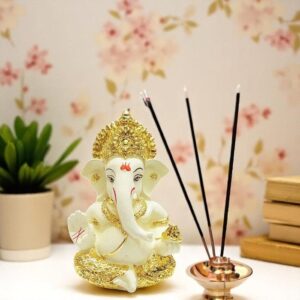 Ceramic Ganesha Idol for Car Dashboard I Ganesha Idol (Gold) - Karigaari India Aesthetic Home Decor