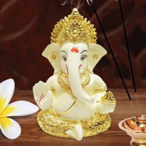 Ceramic Ganesha Idol for Car Dashboard I Ganesha Idol (Gold) - Karigaari India Aesthetic Home Decor
