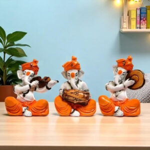 Unique Design Three Little Lord Ganesha Playing Instruments Idol Orange Best for Home Decor - Karigaari India Aesthetic Home Decor