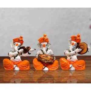 Unique Design Three Little Lord Ganesha Playing Instruments Idol Orange Best for Home Decor - Karigaari India Aesthetic Home Decor
