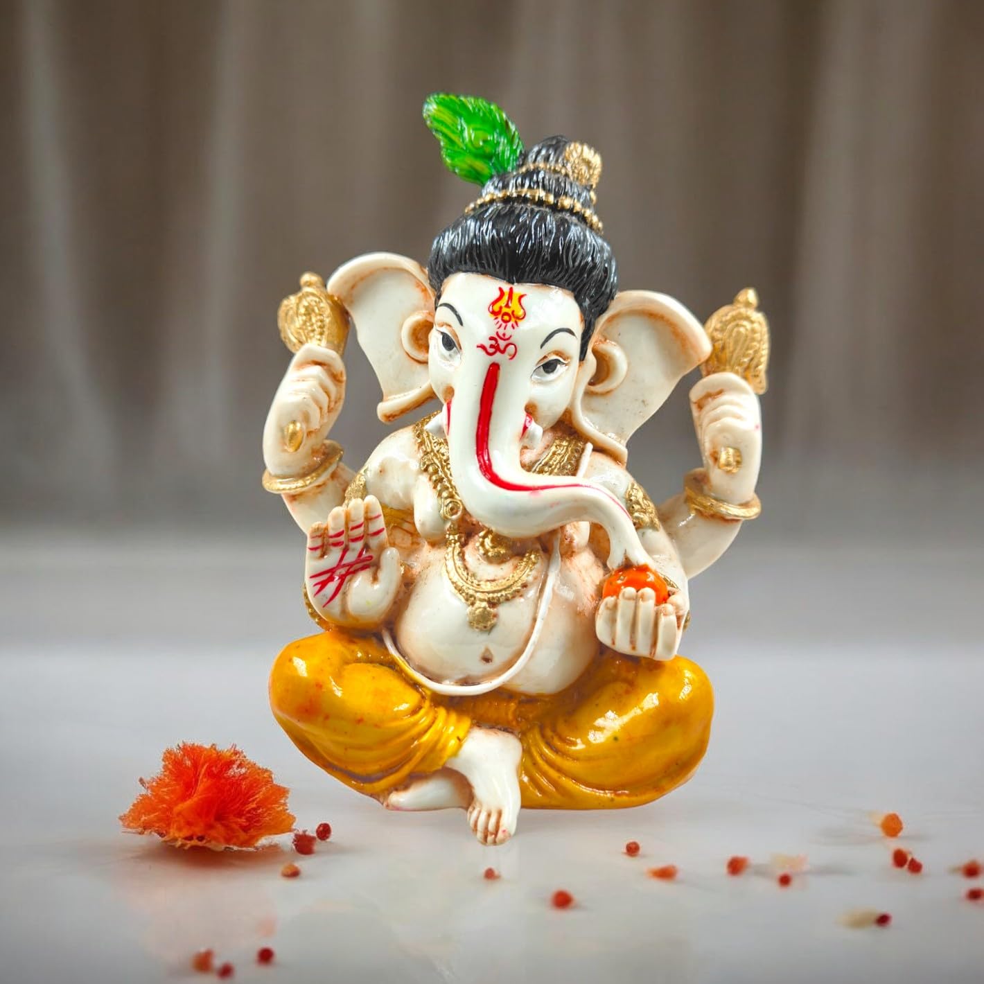 Timeless Distinctive Ganesha Figure With Green Leaf Accent Resin Crafted Lord Ganesh Murti For Home Temple Desk Decor Fortunate Gift For Good Luck Prosperityr Good Luck Pros 1
