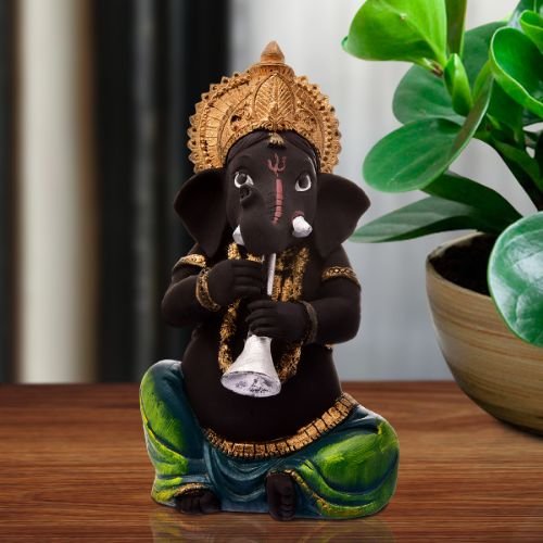 Unique Little Lord Ganesha Playing Shehnai Idol Black Color Best Item for Home Decor - Karigaari India Aesthetic Home Decor