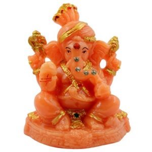 Unique Little Lord Ganesha Sitting With One Leg Up Idol Orange Color And Golden Ornaments Best for Home Decor - Karigaari India Aesthetic Home Decor