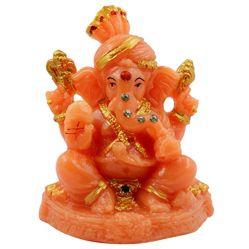 Timeless Distinctive Little Lord Ganesha Sitting With One Leg Up Statue Orange Color And Golden Ornaments Best For Home Decoration Unique Decor Piece 2 Unique Little Lord Ganesha Sitting With One Leg Up Idol Orange Color And Golden Ornaments Best for Home Decor - Karigaari India Aesthetic Home Decor
