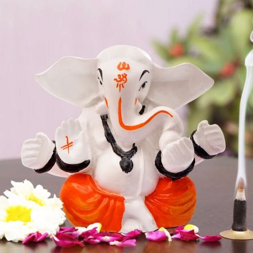 Unique Lord Ganesha Sitting White & Orange Color Best Item for Home Decor - Karigaari India Aesthetic Home Decor