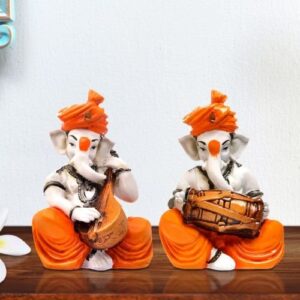 Unique Two Lord Ganesha Playing Guitar & Dhol Idol Orange Best for Home Decor - Karigaari India Aesthetic Home Decor