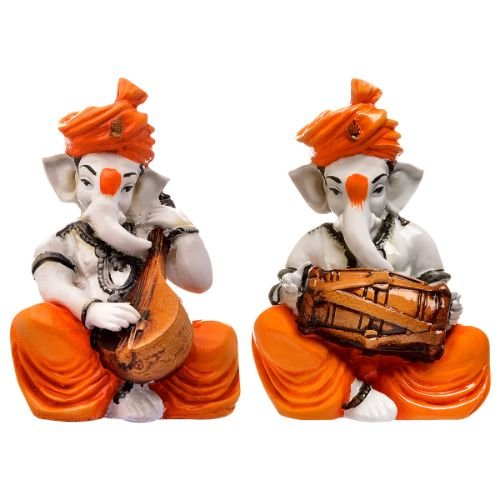 Timeless Distinctive Two Lord Ganesha Playing Guitar Dhol Figurine Orange Best For Home Decoration Luxurious Accent 2 Unique Two Lord Ganesha Playing Guitar & Dhol Idol Orange Best for Home Decor - Karigaari India Aesthetic Home Decor