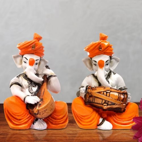 Timeless Distinctive Two Lord Ganesha Playing Guitar Dhol Figurine Orange Best For Home Decoration Luxurious Accent 3 Unique Two Lord Ganesha Playing Guitar & Dhol Idol Orange Best for Home Decor - Karigaari India Aesthetic Home Decor