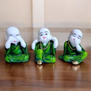 Set of 3 Cute Little Buddha Monk Statues Hear No Evil, See No Evil, Speak No Evil Resin Home Decor Showpieces (Green Robes) - Karigaari India Aesthetic Home Decor