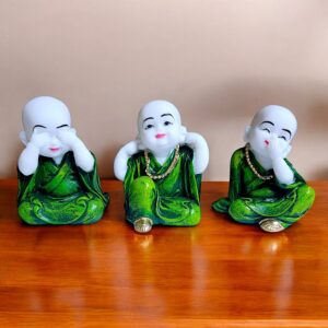 Set of 3 Cute Little Buddha Monk Statues Hear No Evil, See No Evil, Speak No Evil Resin Home Decor Showpieces (Green Robes) - Karigaari India Aesthetic Home Decor