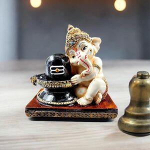 Ganesha Idol with Shiva Lingam Resin - Karigaari India Aesthetic Home Decor