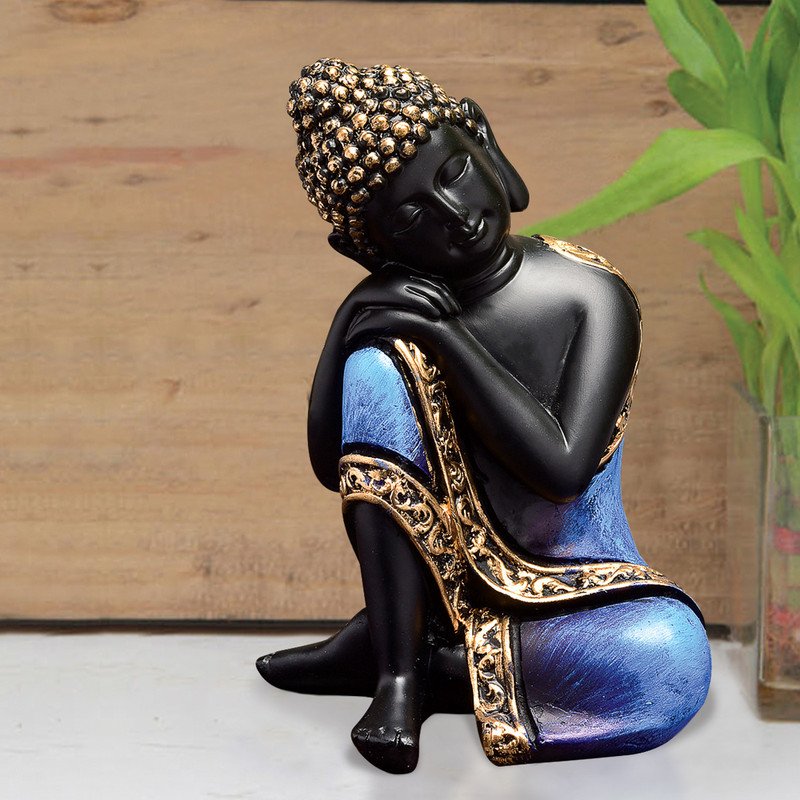 Timeless Handmade Ployresin Lord Buddha Sitting And Sleeping Dark Blue Colour With Golden Border Figure Centerpiece Home Home Decor Office Decoration Spiritual Gift Unique Decor Piece 1 Handcrafted Ployresin Lord Buddha Sitting And Sleeping Dark Blue Colour With Golden Border Statue Showpiece Home Decor/Office Decor/Spiritual Gift - Karigaari India Aesthetic Home Decor