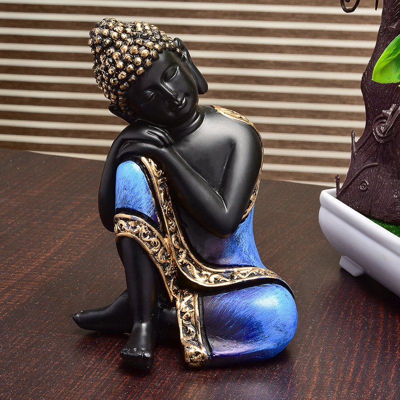 Timeless Handmade Ployresin Lord Buddha Sitting And Sleeping Dark Blue Colour With Golden Border Figure Centerpiece Home Home Decor Office Decoration Spiritual Gift Unique Decor Piece 2 Handcrafted Ployresin Lord Buddha Sitting And Sleeping Dark Blue Colour With Golden Border Statue Showpiece Home Decor/Office Decor/Spiritual Gift - Karigaari India Aesthetic Home Decor